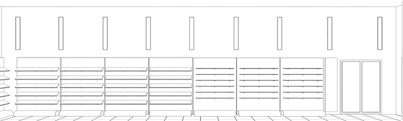 shopping mall, contour visualization, 3D illustration, sketch, outline