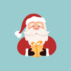 New year card with cartoon Santa Claus holding a gift box. Smiling father christmas. Isolated portrait on mint color background. Vector illustration in flat style.