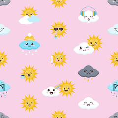Cute cartoon sun and cloud, weather emoji with various faces, kind lovely seamless vector background for kids. Friendship between sun and cloud. Rain, snow, cloud with lightning and sun.