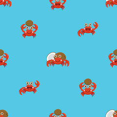 Seamless vector background with tiny cartoon crabs who smile, hold coconuts and waves claws. Funny pattern with shellfishes and coconuts on a blue background.