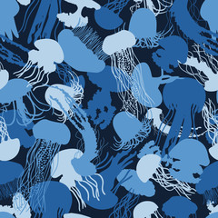 Abstract silhouettes of various ocean jellyfishes, military camouflage with spots looking like medusa, blue camouflage helps to hide near water, seamless vector background.