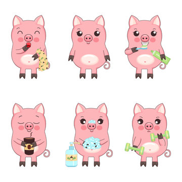 Good morning with cute little cartoon pigs, vector isolated collection of illustrations for children. Piglet yawns, holds a towel, sniffs a cup of coffee, cleans teeth, washes hands, does exercises.