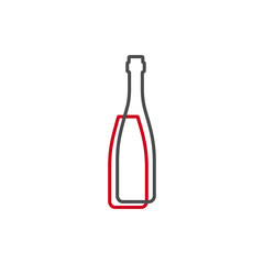 Simple line shape of red wine bottle. One contour figure of a bottle, the second drink. Outline symbol wine dark color. Sign liquid red. Isolated flat illustration on a white background