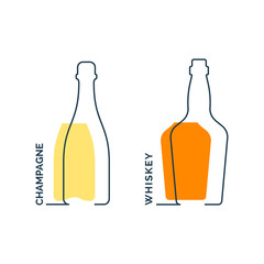 Bottle champagne and whiskey continuous line in linear style on white background. Black thin outline and color fill. Modern flat style graphic design. Logo element illustration. Contour drink symbol