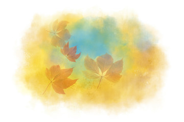 Watercolor painted cloud splash in autumn pastel colors yellow, green and blue with superimposed fall leaves flying in the air. Computer generated watercolor painting.