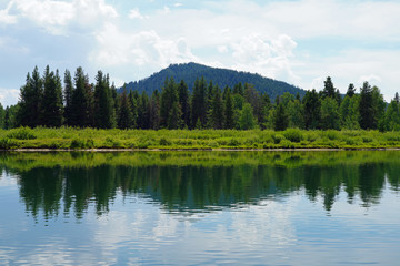 Fototapeta na wymiar View of mountain peaks reflecting in water in summer in Grand Teton National Park in Wyoming, United States