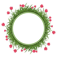 Round border with green grass and red tulips.