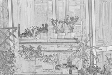 Fototapeta premium drawing of balcony flowered in black and white