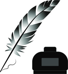 Gray feather with inkwell on a white background. Feather vector.