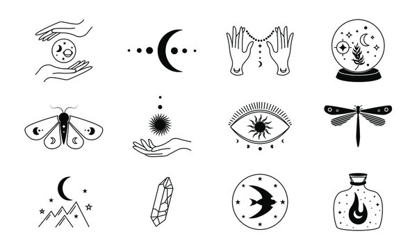 Boho mystic doodle set. Magic simple hand drawn logo icons with stars crystal eye sun moon. Vector abstract  illustration