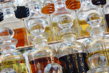 Close-up view of Indian perfume in bottles in display of a shop