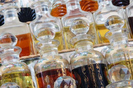 Close-up view of Indian perfume in bottles in display of a shop
