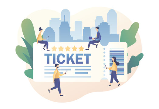Tickets online sale. Tiny people with big ticket for cinema, theater, party, play, event, festival, concert. Modern flat cartoon style. Vector illustration on white background