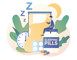 Sleep control. Tiny man suffers from insomnia in bedroom surrounded by alarm clock, sleeping pills, bed. Stress, depression and sleeping problems. Modern flat cartoon style. Vector illustration