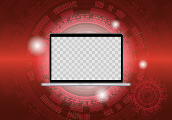 Realistic laptop illustration, on technology background. TRANSPARENT hole in the screen for an image.