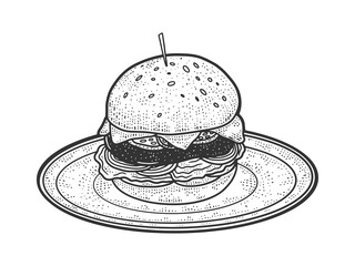 Hamburger sandwich sketch engraving vector illustration. T-shirt apparel print design. Scratch board imitation. Black and white hand drawn image.