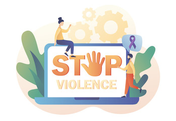 Stop violence text on screen laptop. International day for the elimination of violence against women. Purple ribbon as symbol domestic violence. Modern flat cartoon style. Vector illustration
