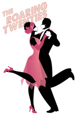 Roaring Twenties. Couple dancing charleston wearing retro clothes and face mask