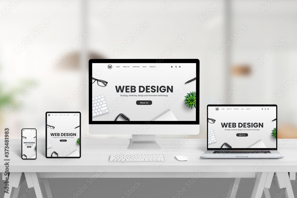 Poster Creative web design studio desk with different devices and responsive web page concept on device screens. Modern flat web site design concept