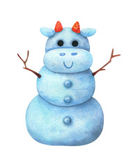 Cute snowman in the shape of a white bull. Symbol of the new year 2021. Children's watercolor illustration. Stock image isolated on a white background. Christmas character from snow