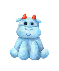 Cute snowman in the shape of a white bull. Symbol of the new year 2021. Children's watercolor illustration. Stock image isolated on a white background. Christmas character from snow