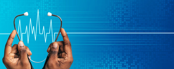 Collage of African American male doctor holding stethoscope with cardiogram on blue background, empty space