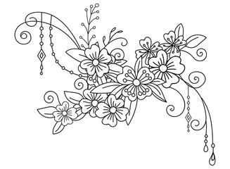 Line art vector of decorative flowers composition