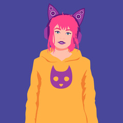 Portrait of a girl in headphones with cat ears