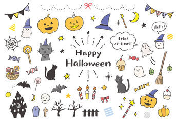Naklejka premium ハロウィンにまつわる手描きイラストセット（カラー）