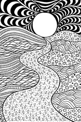 Psychedelic landscape. Coloring page for adults. Pathway in meadows and waves. Seaside illustration. Doodle drawing. Vector artwork