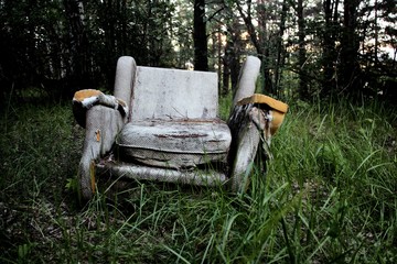 a forgotten comfy chair somewhere in the forest.
