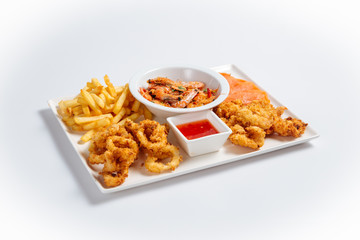 Isolated beer appetizer seafood snack platter 