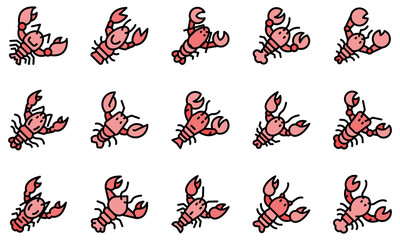 Lobster icons set. Outline set of lobster vector icons thin line color flat on white