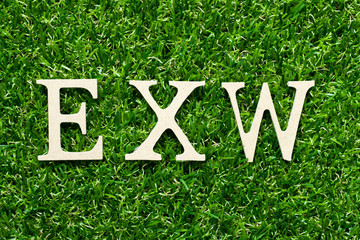 Wood alphabet letter in word EXW (abbreviation of Ex works) on green grass background