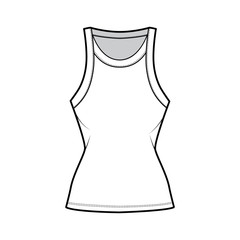 Cotton-jersey racer-back tank technical fashion illustration with fitted body, wide scoop neckline. Flat outwear cami apparel template front, white color. Women men unisex shirt top CAD mockup
