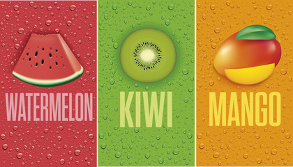 many fresh juice drops background with watermelon, kiwi, mango