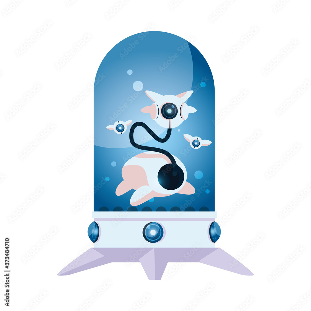 Poster isolated white robot cartoon in glass sphere vector design