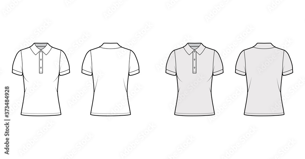 Poster Polo shirt technical fashion illustration with cotton-jersey short sleeves, oversized, buttons along the front. Flat outwear apparel template front, back, white grey color. Women men unisex top mockup