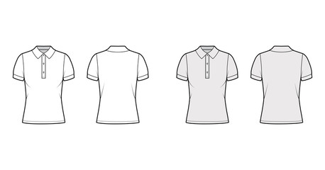 Polo shirt technical fashion illustration with cotton-jersey short sleeves, oversized, buttons along the front. Flat outwear apparel template front, back, white grey color. Women men unisex top mockup