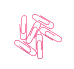 Colorful paper clips isolated on white, top view. School stationery