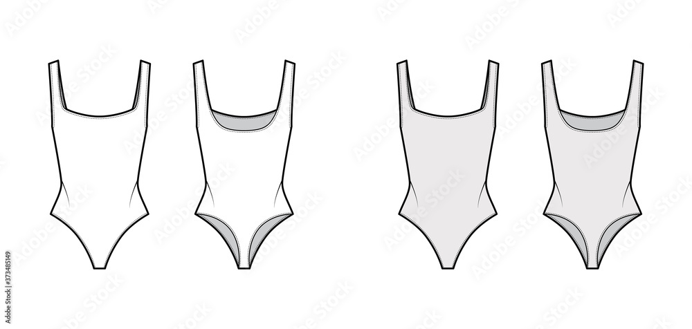 Canvas Prints Stretch-jersey thong bodysuit technical fashion illustration with open back, deep square neckline. Flat one-piece apparel template front, back, white, grey color. Women men unisex swimsuit CAD mockup