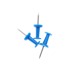 Colorful drawing pins isolated on white, top view. School stationery