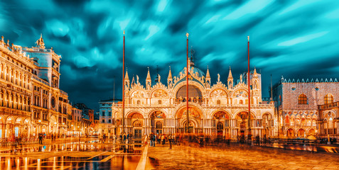 Fototapeta na wymiar Square of the Holy Mark (Piazza San Marco) and St. Mark's Cathedral (Basilica di San Marco) at the night time. Venice, Italy.