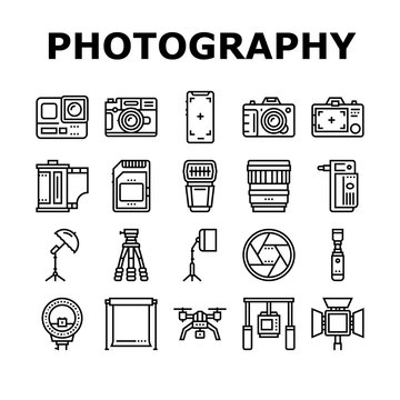 Photography Device Collection Icons Set Vector. Mobile Phone And Photo Camera, Go Pro And Drone, Memory Card And Flash Photography Equipment Black Contour Illustrations