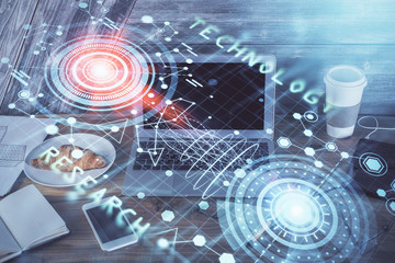 Double exposure of computer and technology theme hud. Concept of innovation.