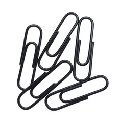 Colorful paper clips isolated on white, top view. School stationery