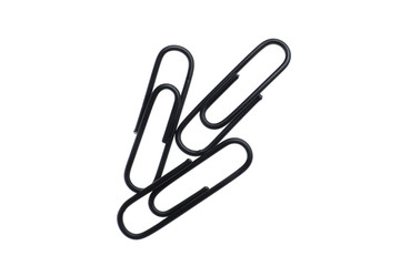 Colorful paper clips isolated on white, top view. School stationery