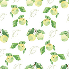 Seamless pattern with apples. Watercolor image of green apples on a white background. It can be used for creating fabrics and packaging.
