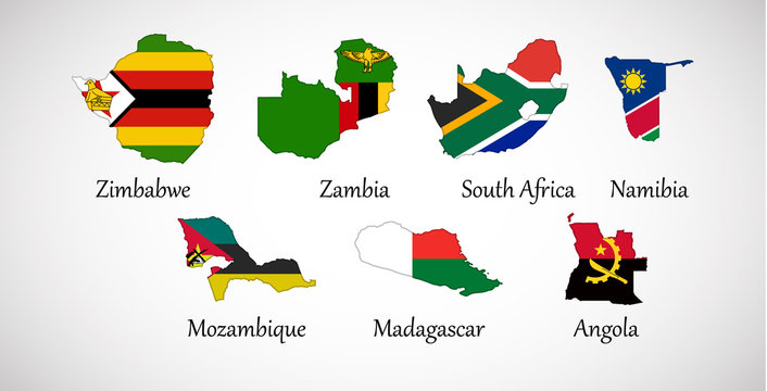 Set of South Africa country maps with flags isolated on gray background, vector illustration