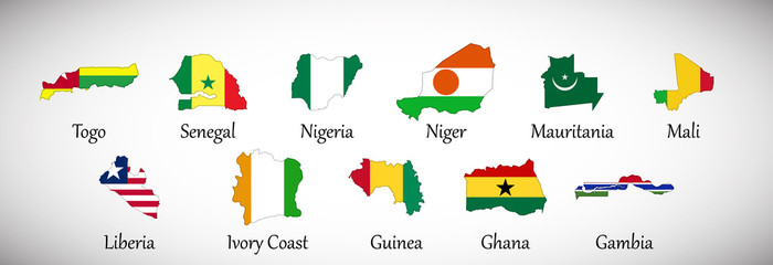 Set of West Africa country maps with flags isolated on gray background, vector illustration
